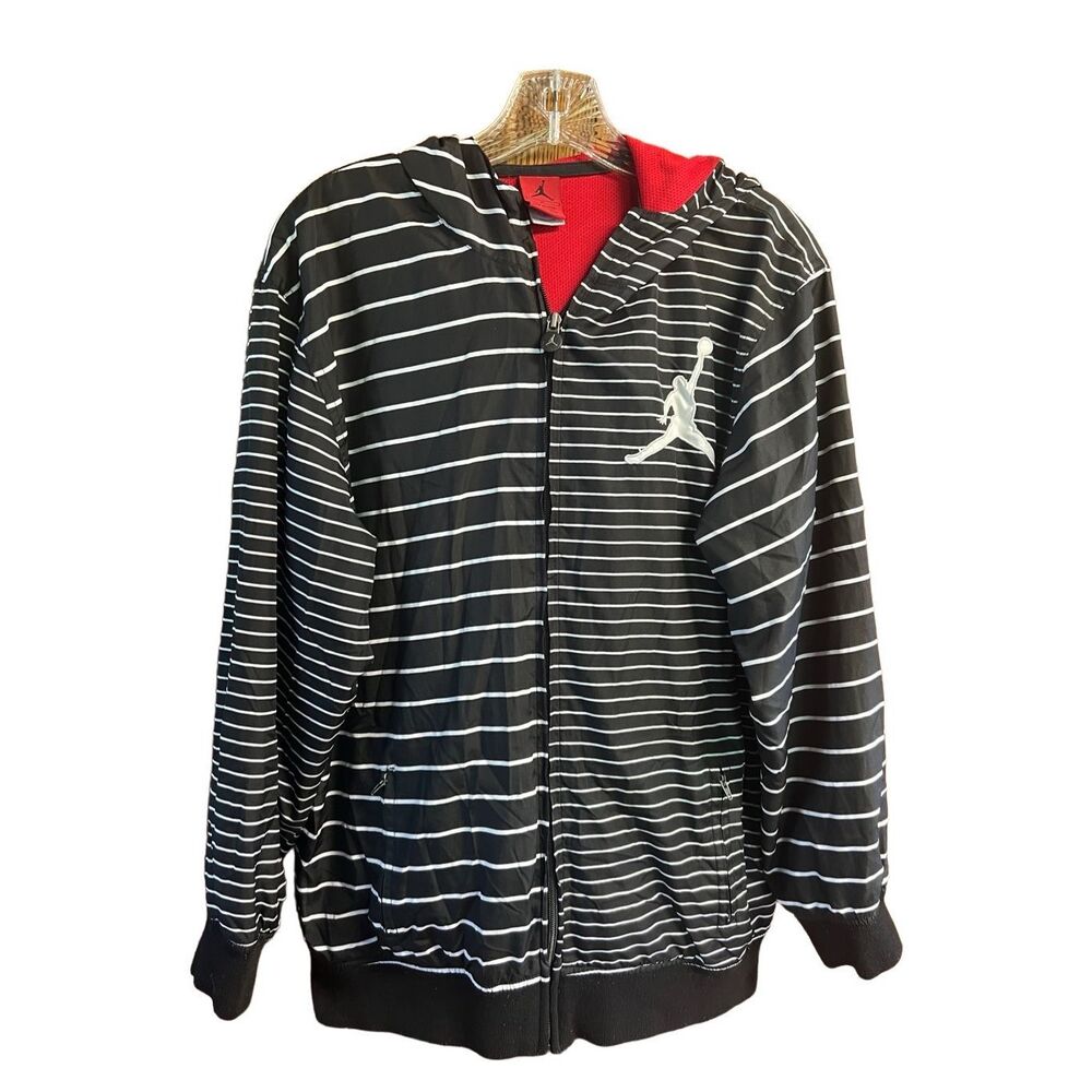 Jordan Black & White Striped Hooded Puffer Jacket with Red Lining